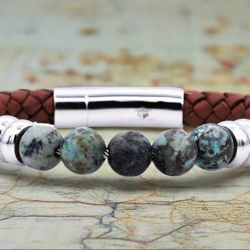 Men's African Turquoise & Brown Leather Bracelet - Earth Elements Collection