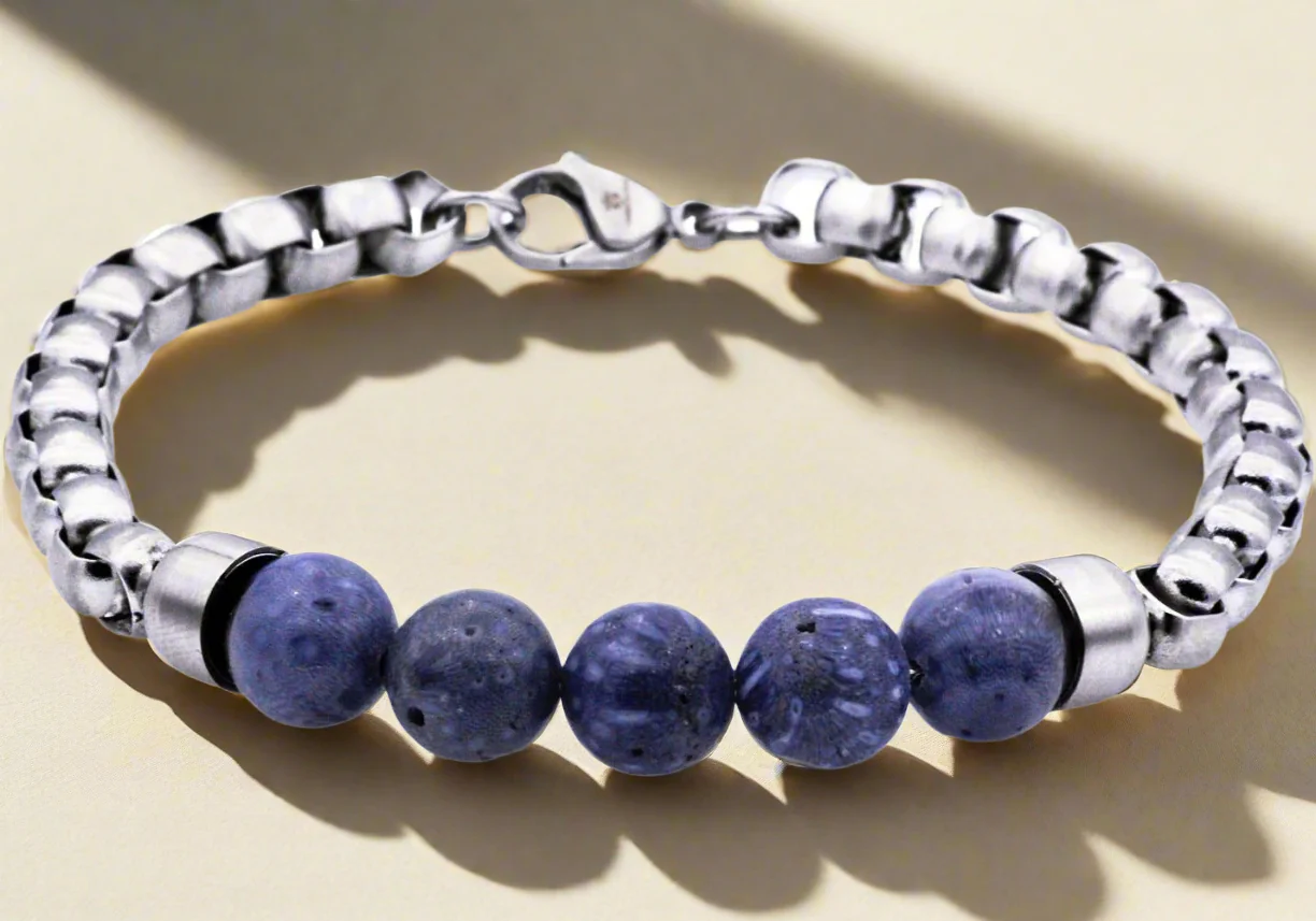 Men's Genuine Blue Coral Beaded Bracelet - Ocean Treasures Collection