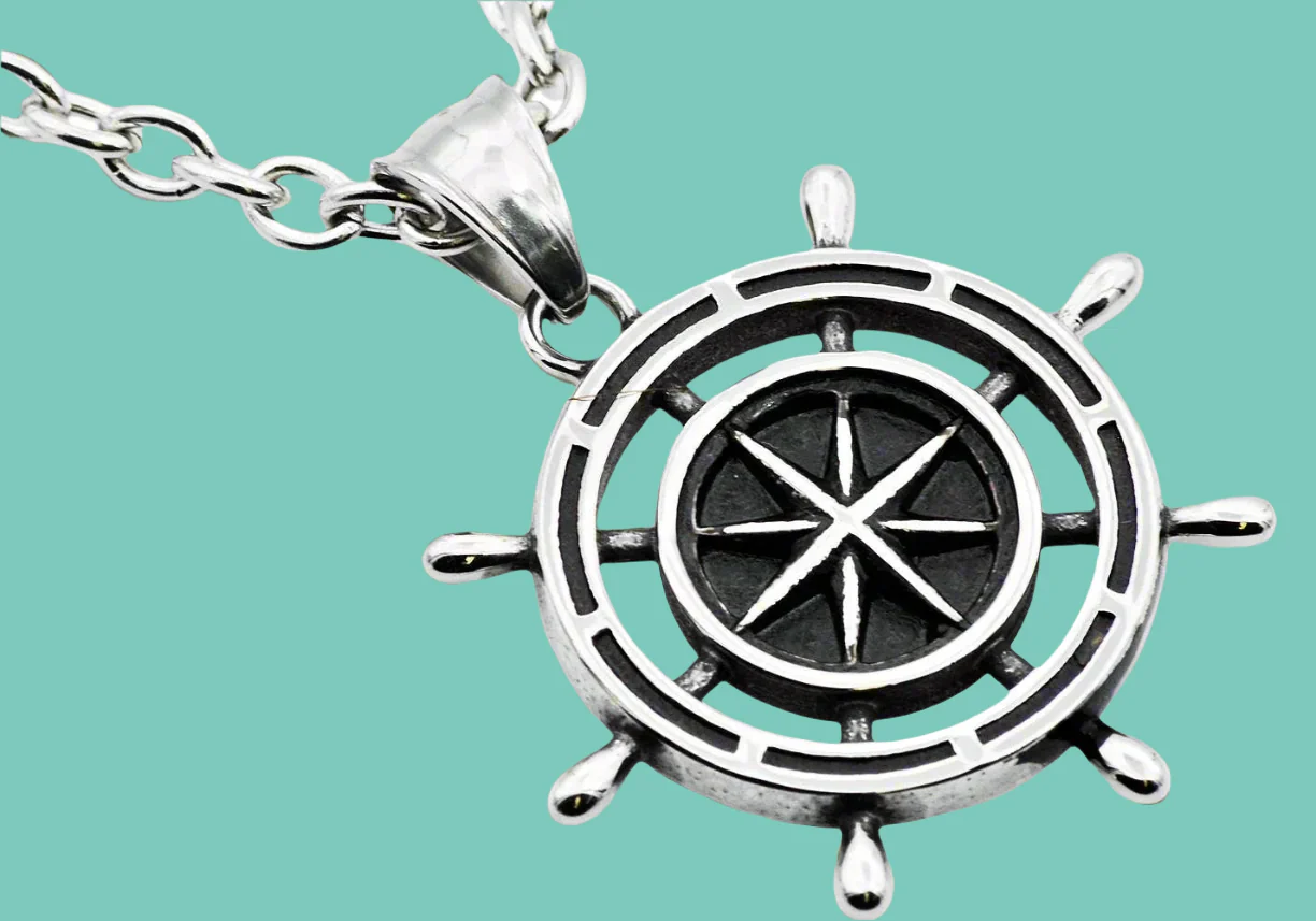 Men's Stainless Steel Ship Helm Pendant Necklace - Maritime Navigator Series
