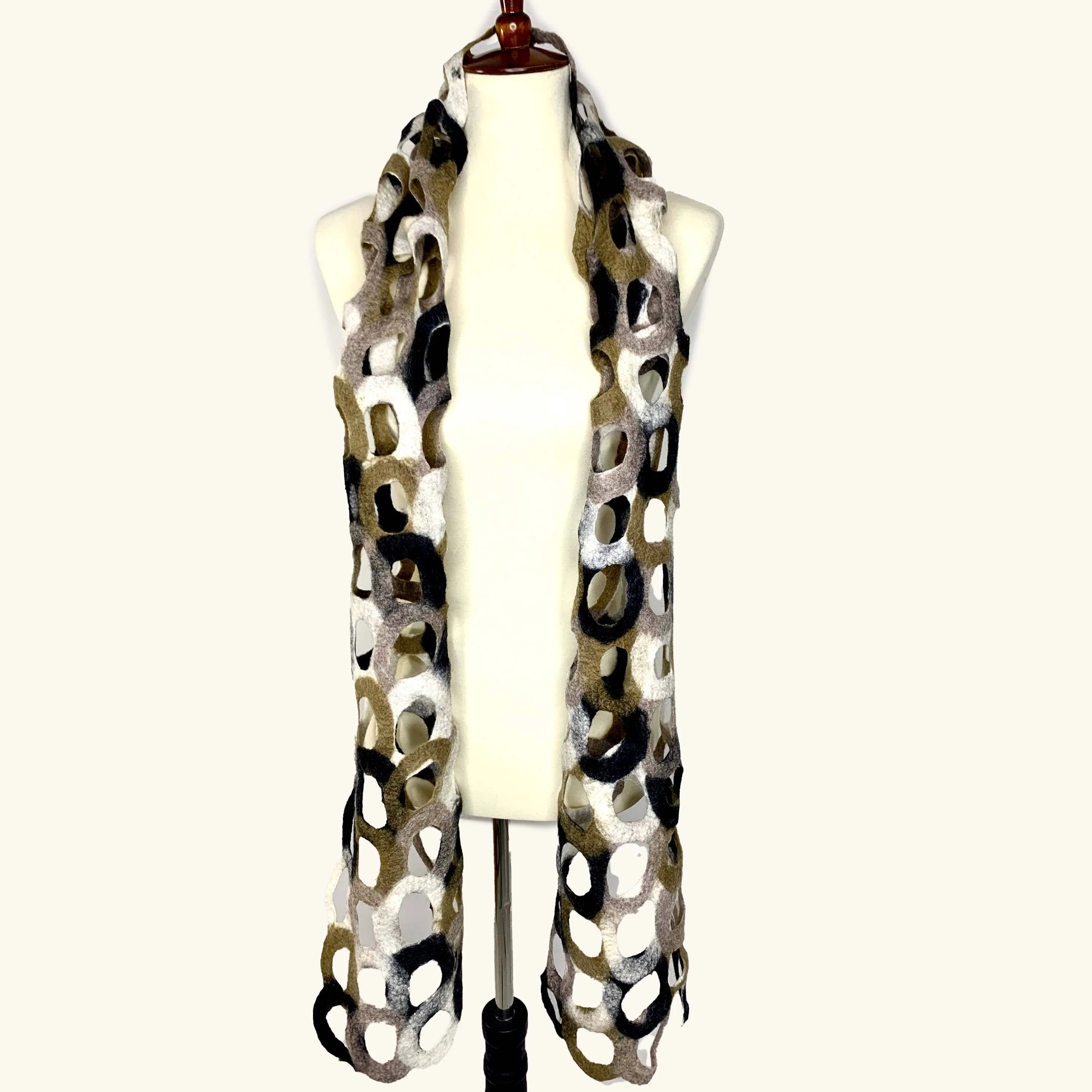 Handcrafted Neutral Ring Merino Wool Scarf - Fair Trade Artisan Nepal - Image 3