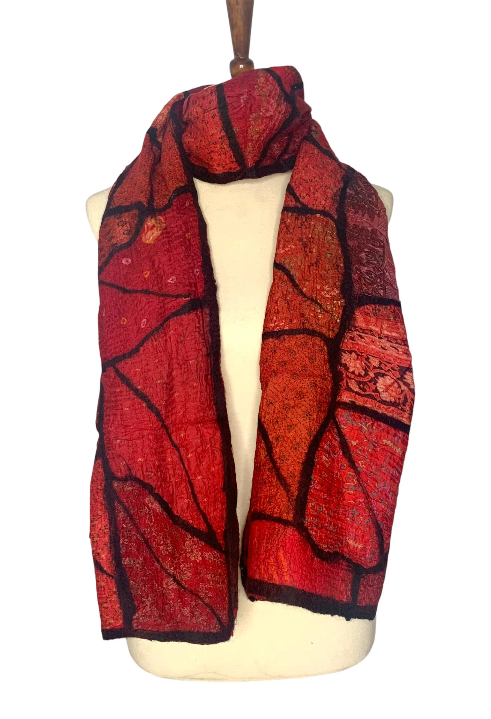 Handcrafted Red Sari Patchwork Merino Wool Scarf - Fair Trade Nepal Artisan - Image 2